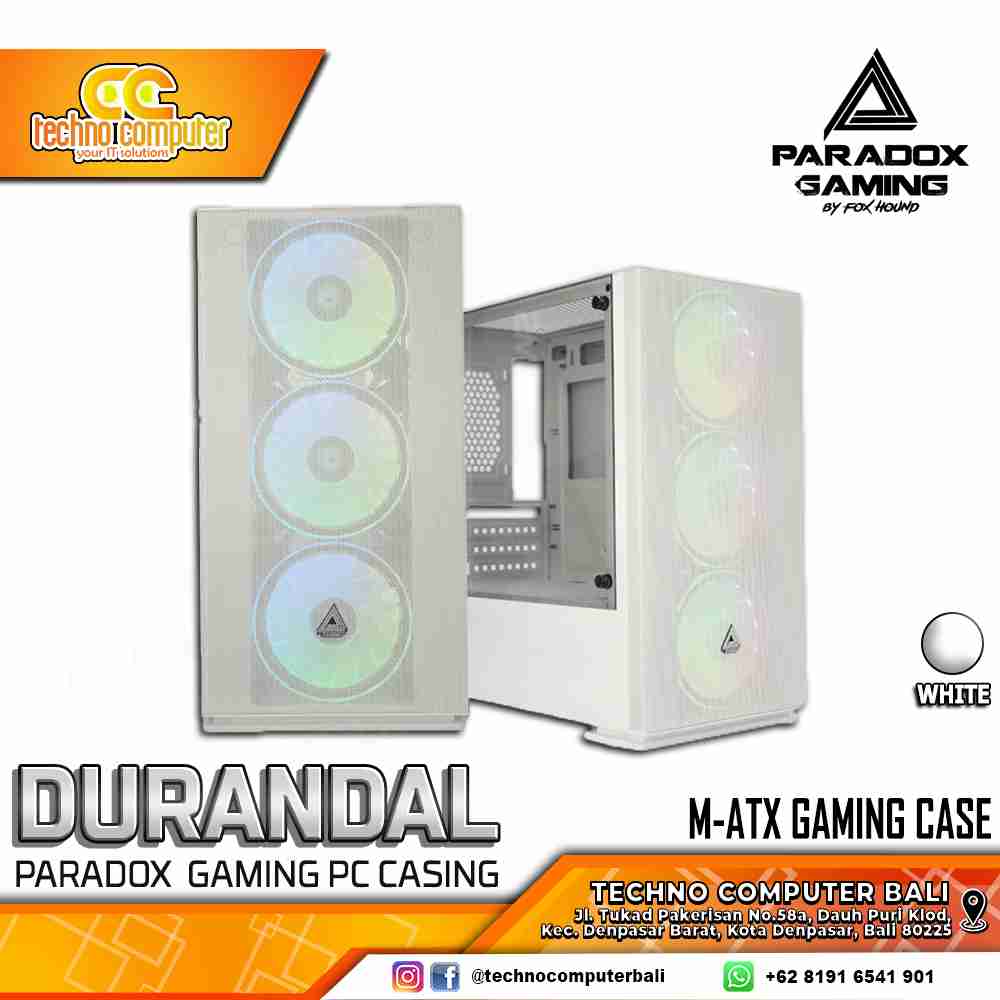 CASING PARADOX GAMING DURANDAL White - Mid Tower mATX Case Tempered Glass (Free 3x RGB Fan)