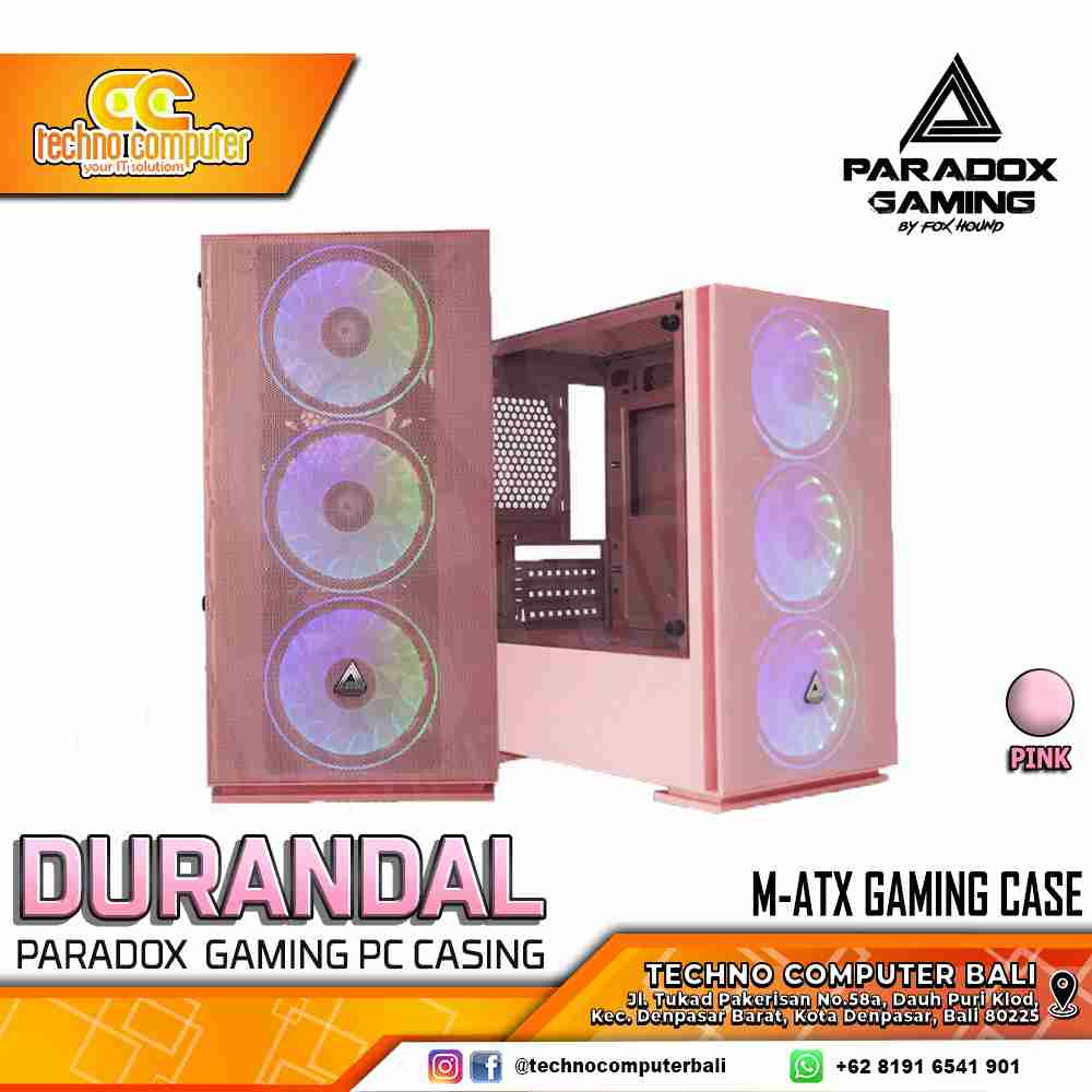 CASING PARADOX GAMING DURANDAL Pink - Mid Tower mATX Case Tempered Glass (Free 3x RGB Fan)