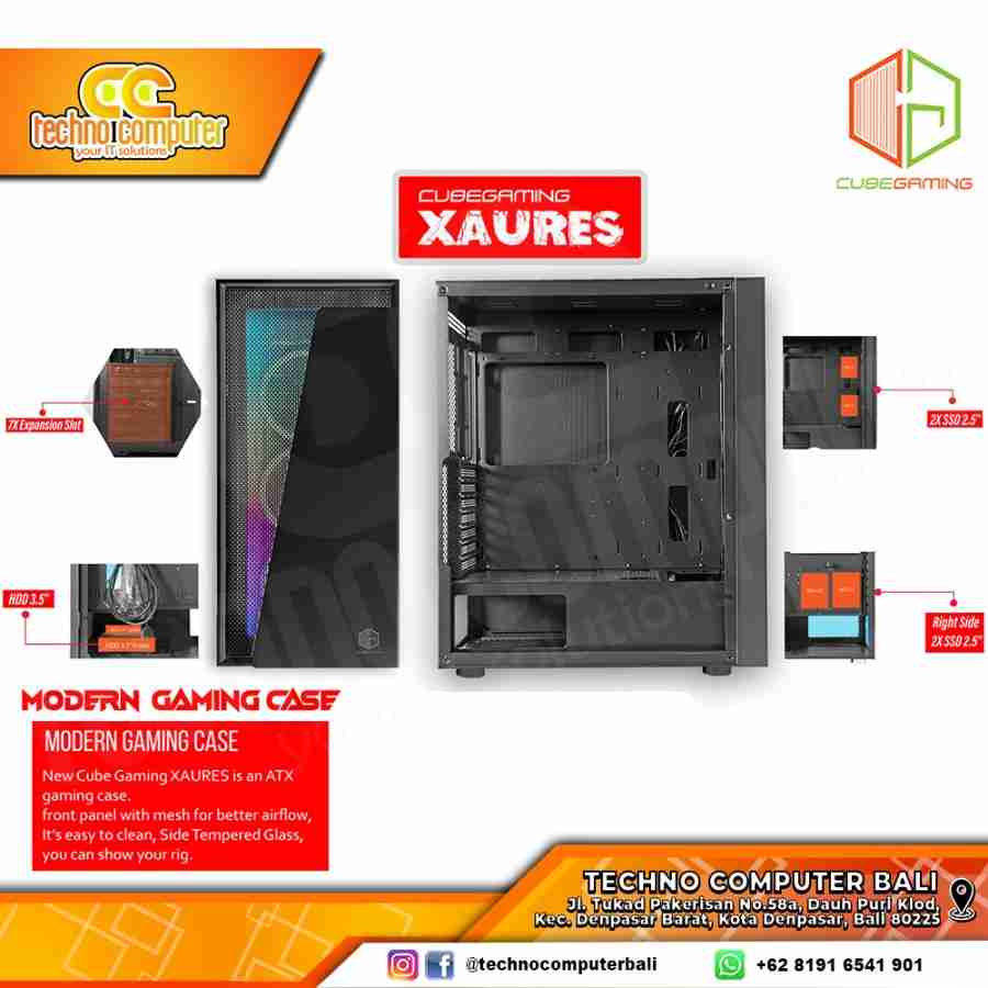 CASING CUBE GAMING XAURES Black - Mid Tower ATX Case Tempered Glass