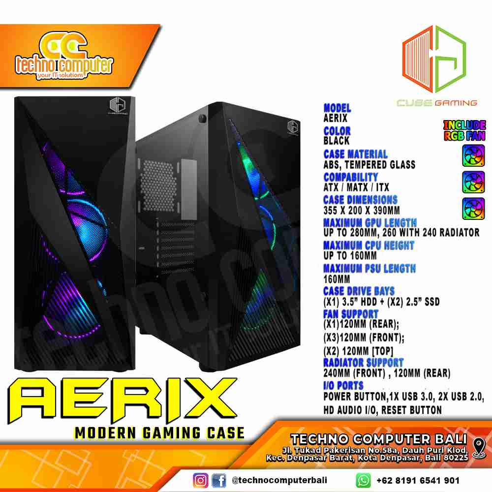 CASING CUBE GAMING AERIX - Mid Tower ATX Case Tempered Glass (Free 3x Rainbow RGB Fan)