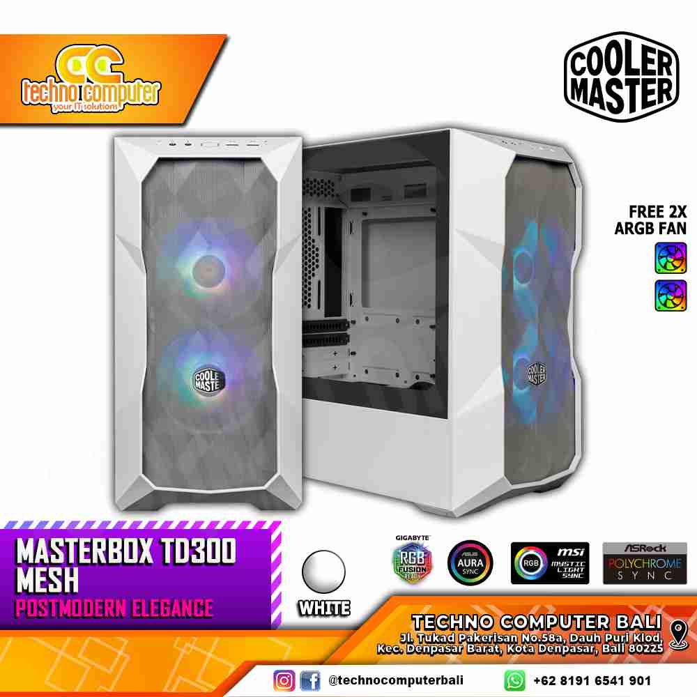 CASING COOLERMASTER MASTERBOX TD300 Mesh White - Mini Tower mATX Case Tempered Glass (2x ARGB Fan)