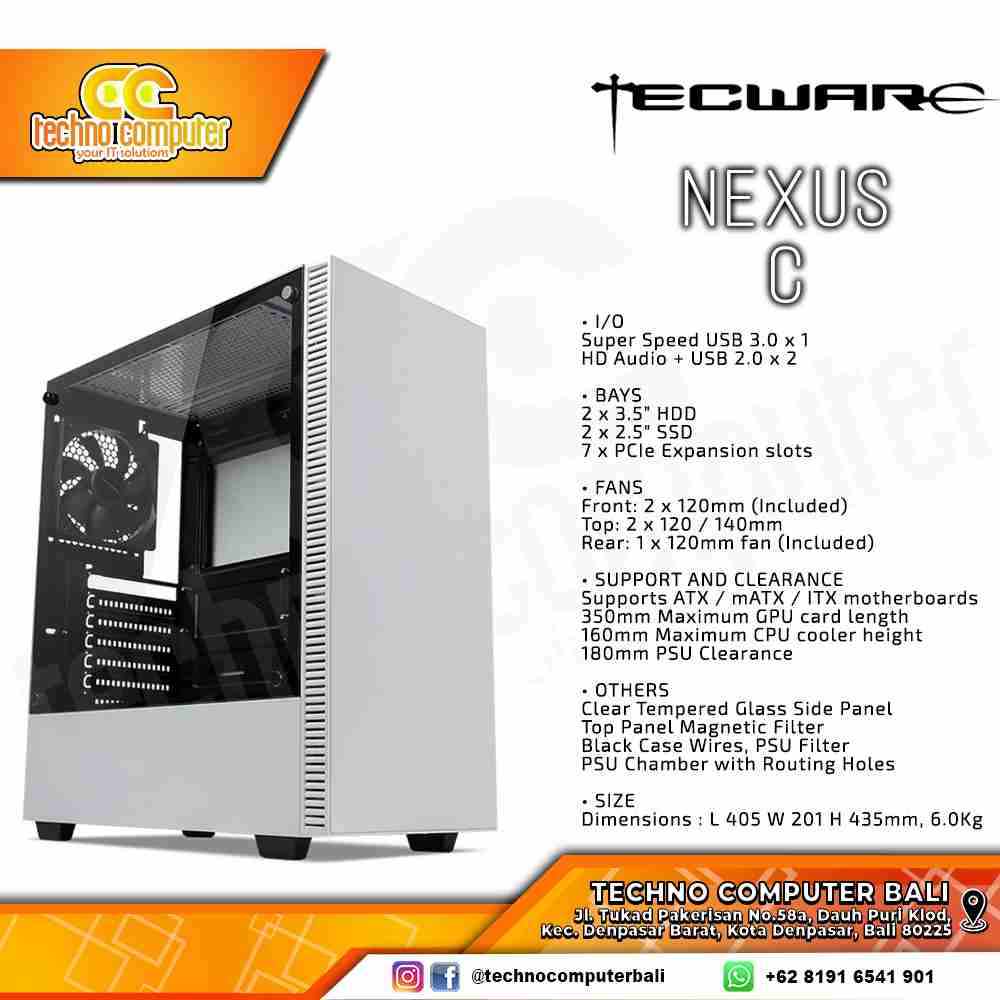 CASING TECWARE NEXUS C White - Mid Tower ATX Case Tempered Glass (Free 3x Fan)