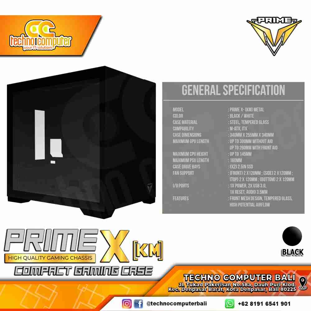 CASING PRIME GAMING X-[KM] Metal Black - Mid Tower mATX Case Tempered Glass