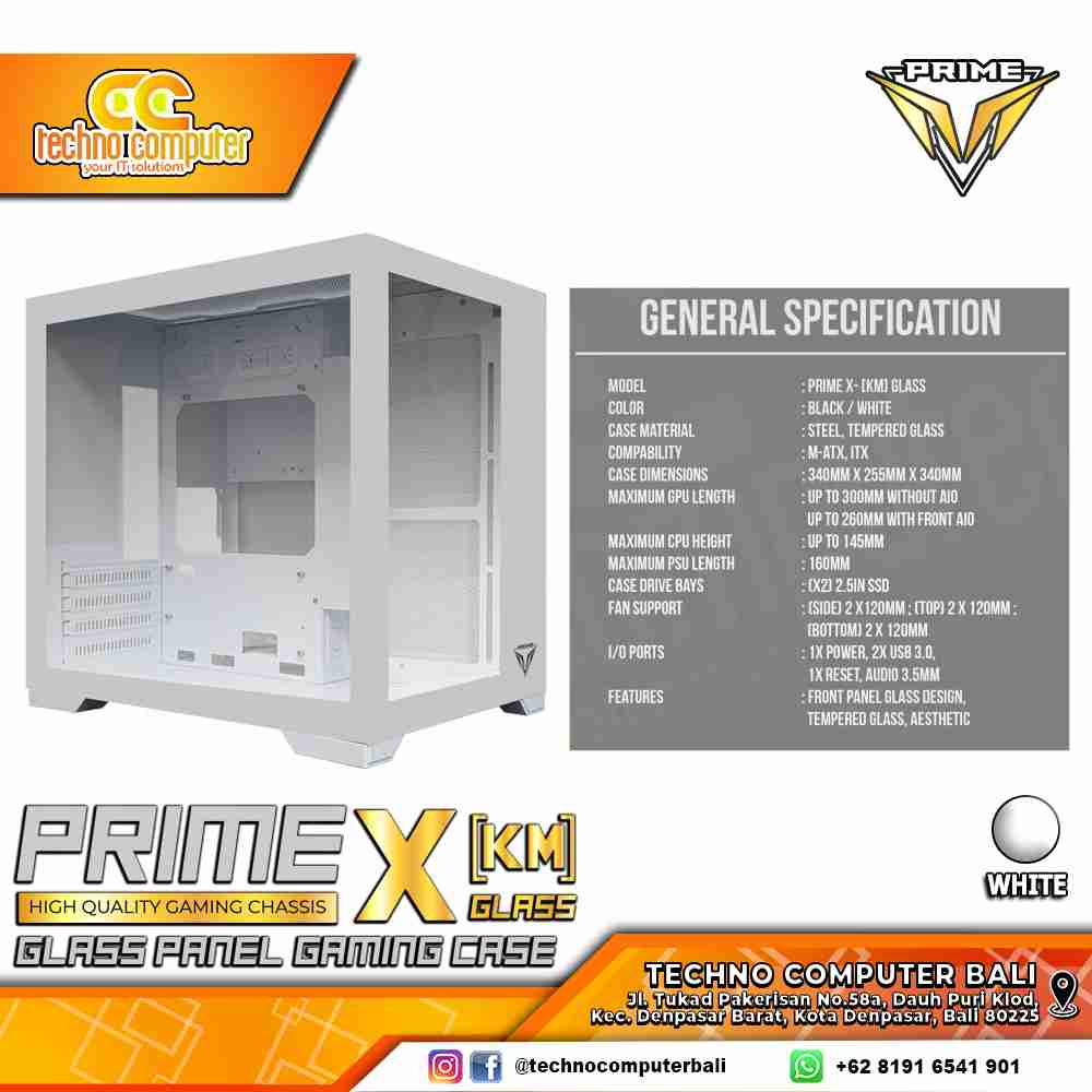 CASING PRIME GAMING X-[KM] Glass White - Mid Tower mATX Case Tempered Glass