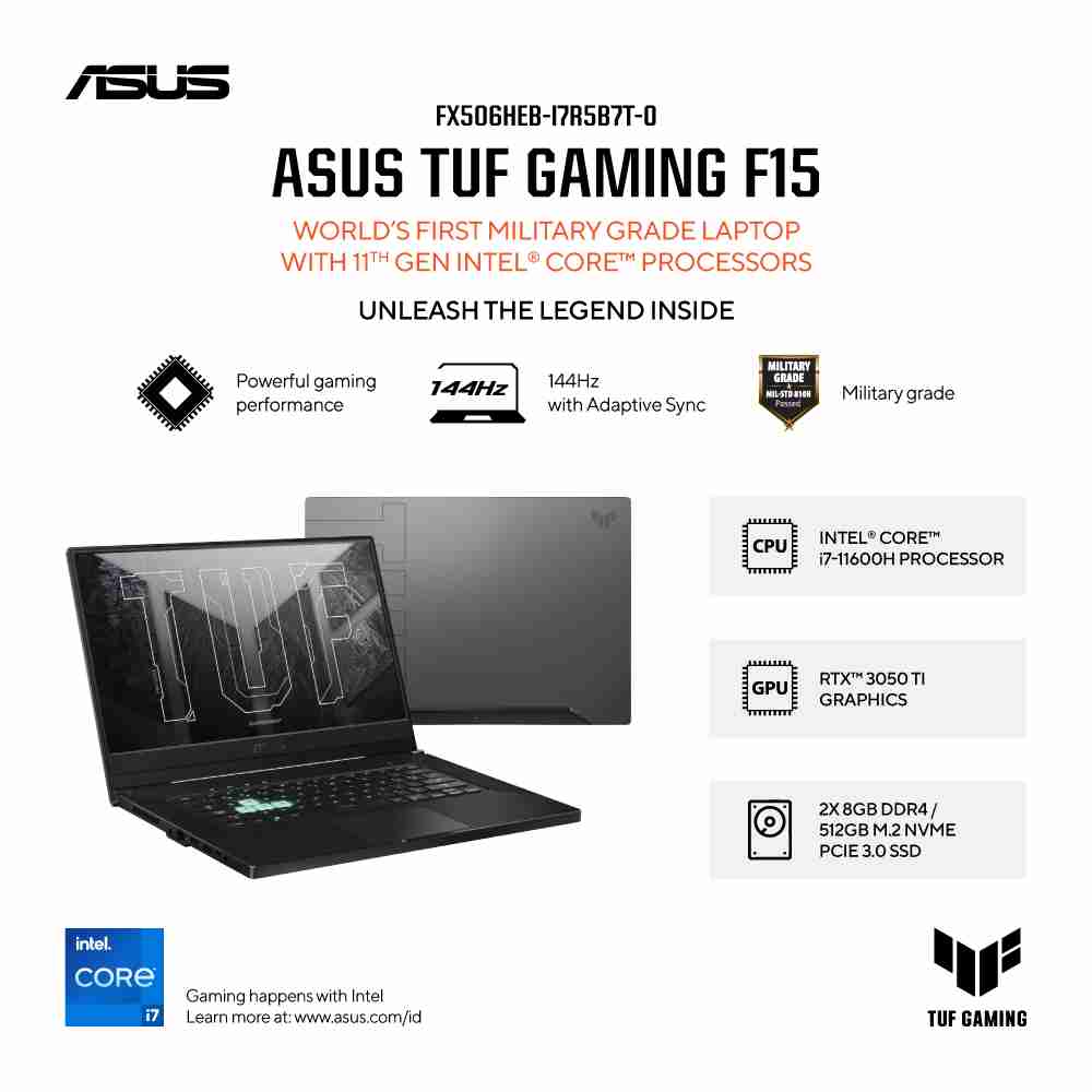ASUS TUF Gaming F15 [FX506HEB-I7R5B7T-O] Core i7-11600H/RAM 16GB/SSD 512GB/RTX 3050TI/Win10