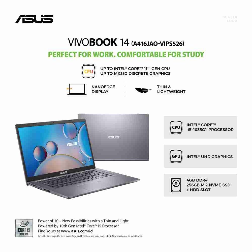 ASUS VivoBook 14 [A416JAO-VIPS526] Core i5-1035G1/RAM 4GB/SSD 256GB/Intel UHD/Win11