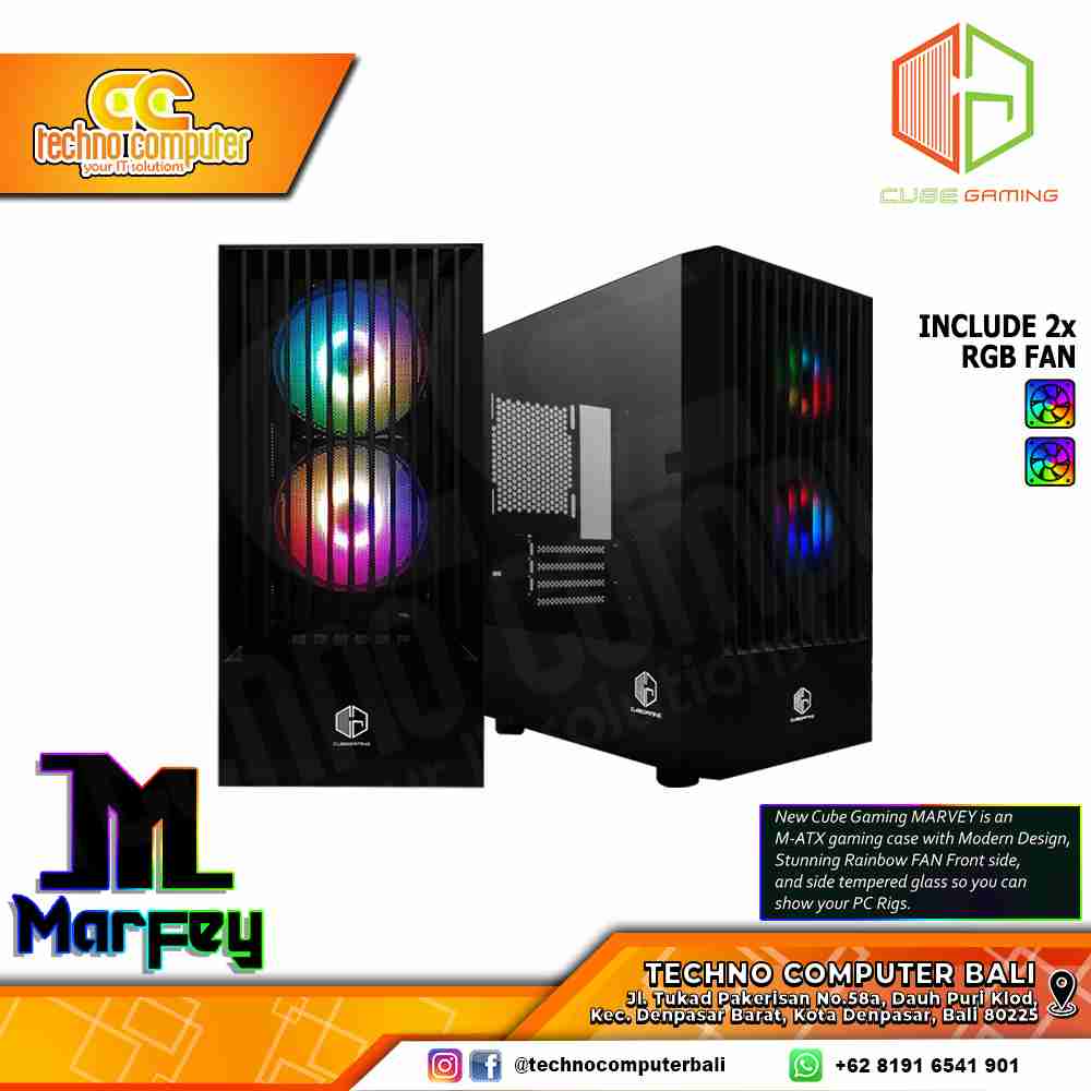 CASING CUBE GAMING MARFEY Black - Mid Tower mATX Case Tempered Glass (Free 2x RGB Fan)
