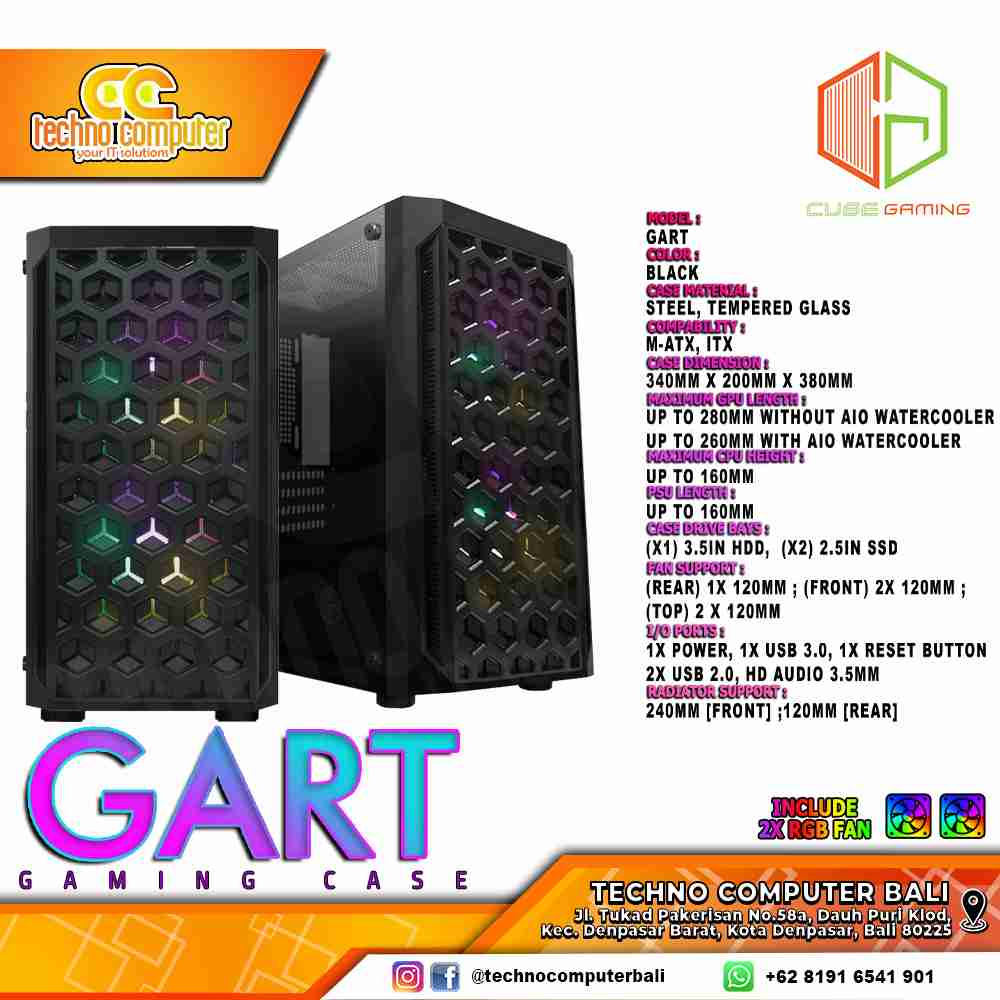 CASING CUBE GAMING GART - Mid Tower mATX Case Tempered Glass (Free 2x RGB Fan)