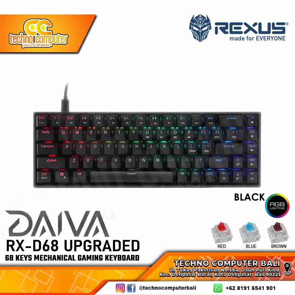 REXUS DAIVA RX-D68 Black Upgraded - Mechanical Brown Switch - Gaming Keyboard