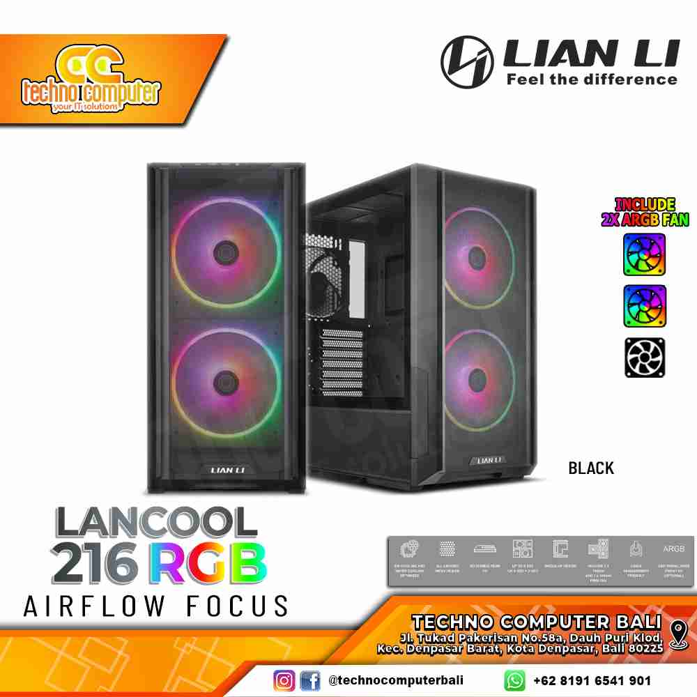 CASING LIAN LI LANCOOL 216 RGB Black - Mid Tower E-ATX Case Tempered Glass (Free 2x ARGB Fan)
