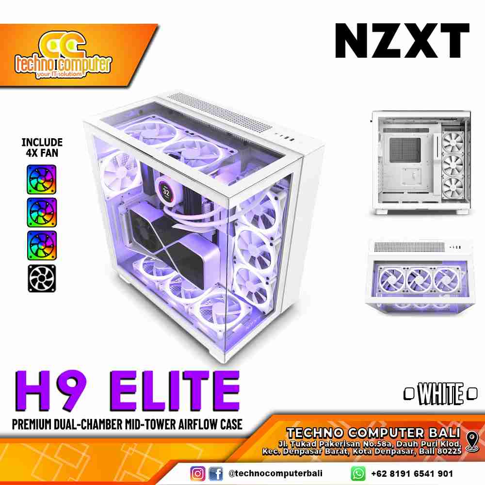 CASING NZXT H9 Elite Edition White - Dual-Chamber Mid Tower ATX Case Tempered Glass (Free 4x Fan)