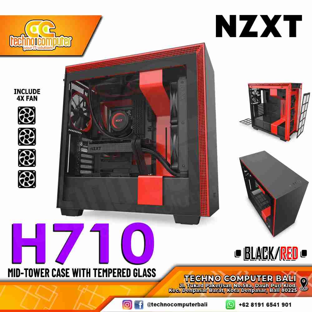 CASING NZXT H710 Black-Red - Mid Tower ATX Case Tempered Glass (Free 4x Fan)