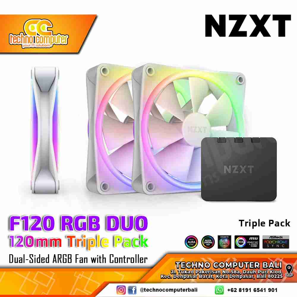 FAN CASING NZXT F120 RGB DUO WHITE - 120mm Triple Pack Dual-Sided ARGB Fan with Controller