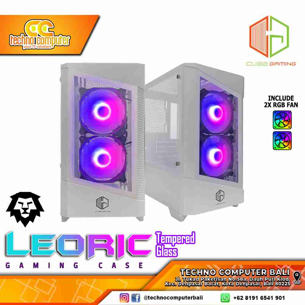 CASING CUBE GAMING LEORIC Glass White - Mid Tower mATX Case Tempered Glass (Free 2x RGB Fan)