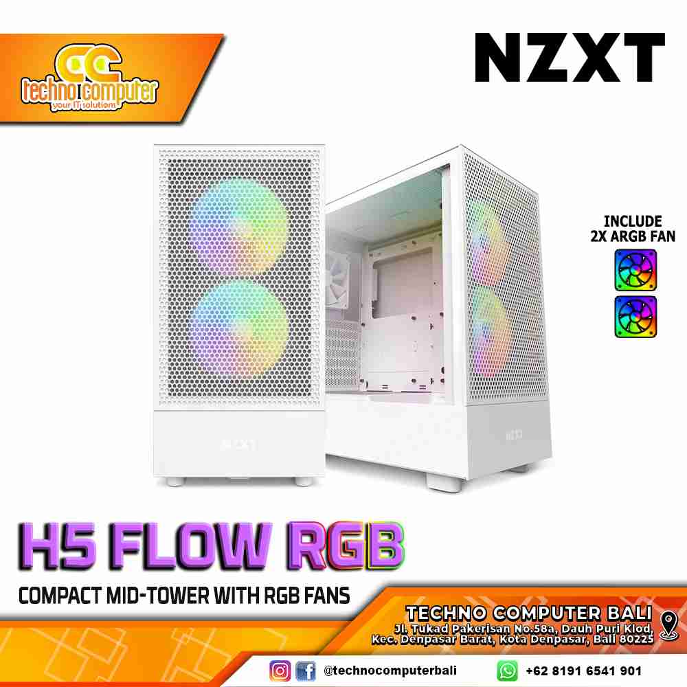 CASING NZXT H5 FLOW RGB Edition White - Mid Tower ATX Case Tempered Glass (Free 2x ARGB Fan)