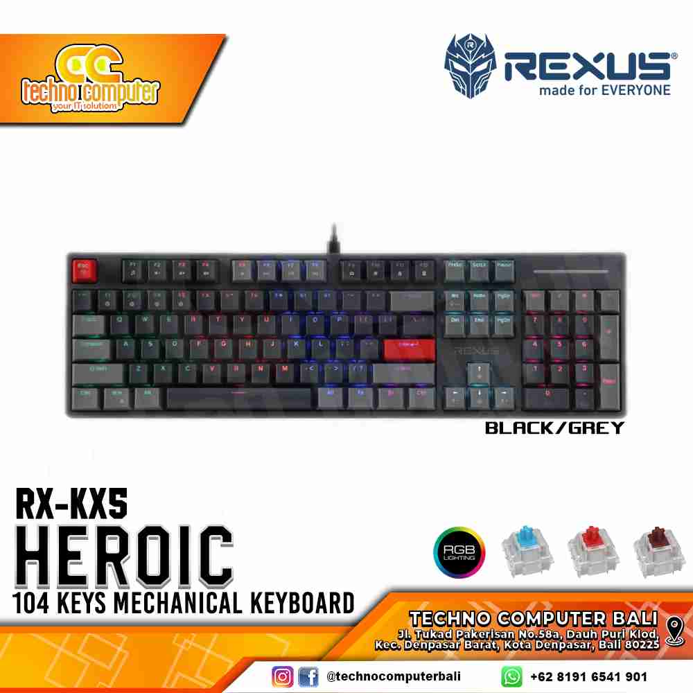 REXUS HEROIC KX5 Black/Grey - Mechanical Red Switch - Gaming Keyboard