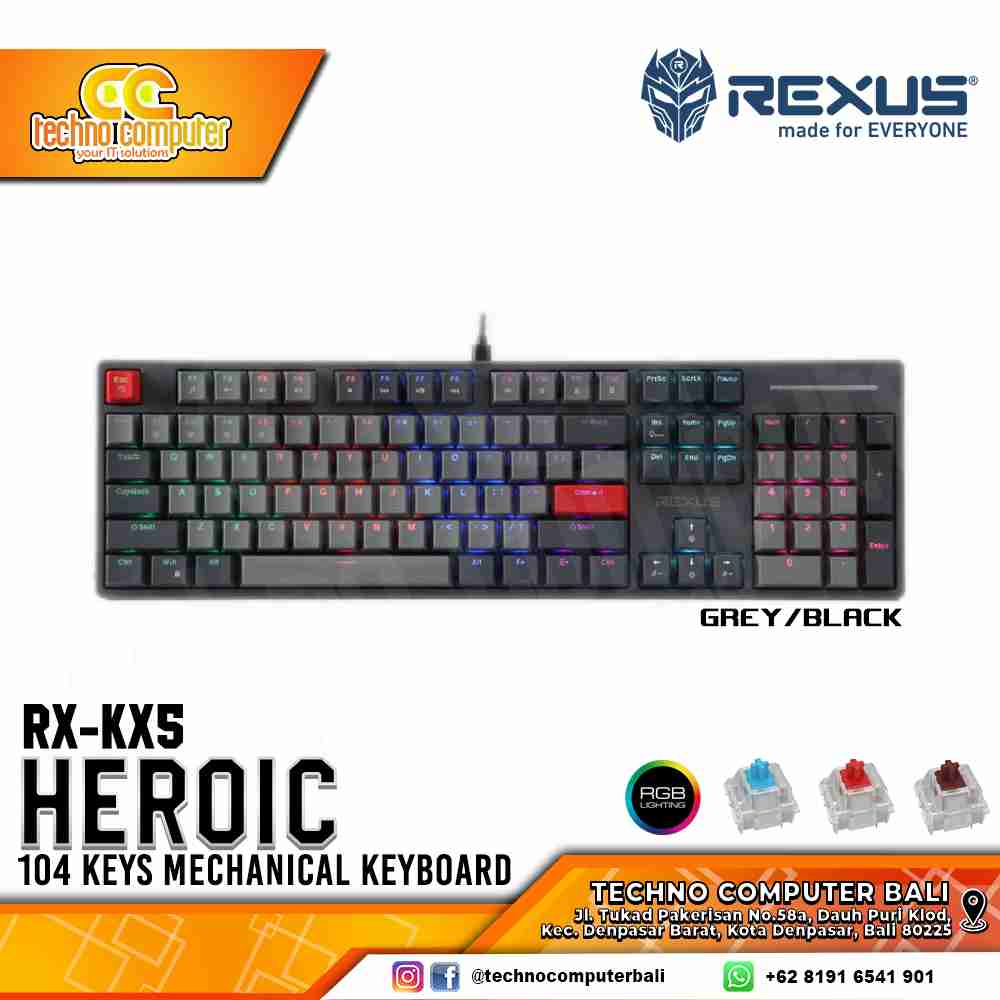 REXUS HEROIC KX5 Grey/Black - Mechanical Brown Switch - Gaming Keyboard
