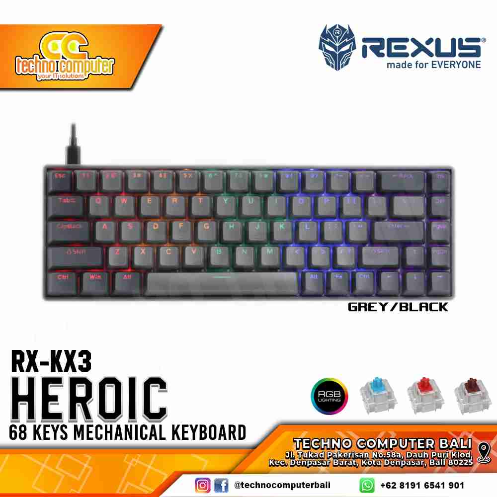 REXUS HEROIC KX3 Grey/Black - Mechanical Blue Switch - Gaming Keyboard