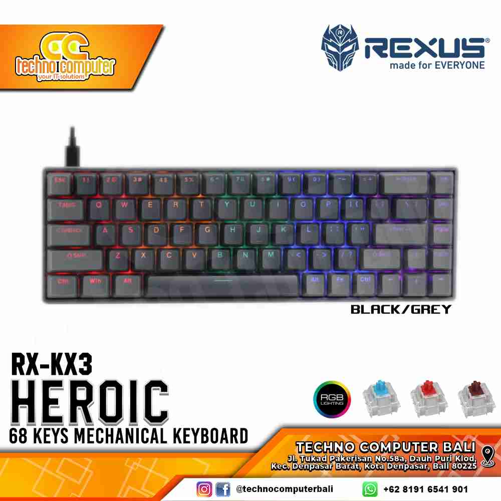 REXUS HEROIC KX3 Black/Grey - Mechanical Red Switch - Gaming Keyboard