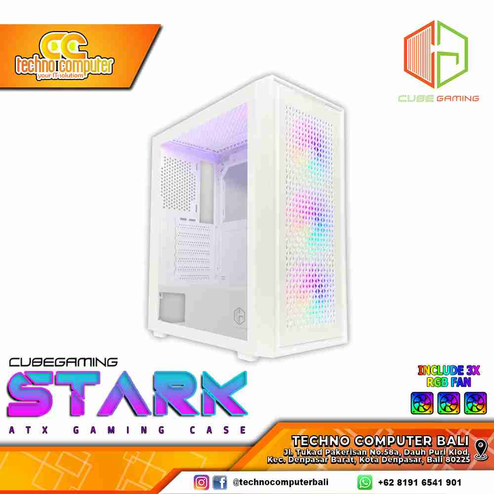 CASING CUBE GAMING STARK White - Mid Tower ATX Case Tempered Glass (Free 3x RGB Fan)