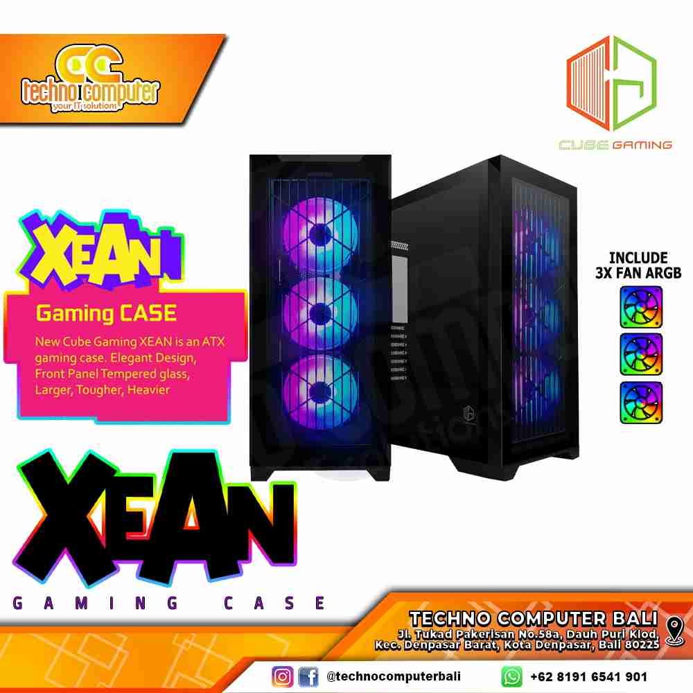 CASING CUBE GAMING PREMIUM XEAN - Mid Tower ATX Case Tempered Glass (Free 3x ARGB Fan)