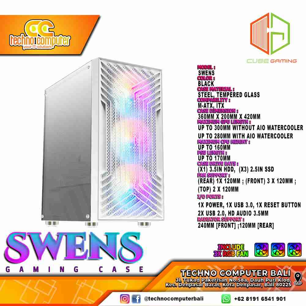 CASING CUBE GAMING SWENS White - Mid Tower mATX Case Tempered Glass (Free 3x RGB Fan)
