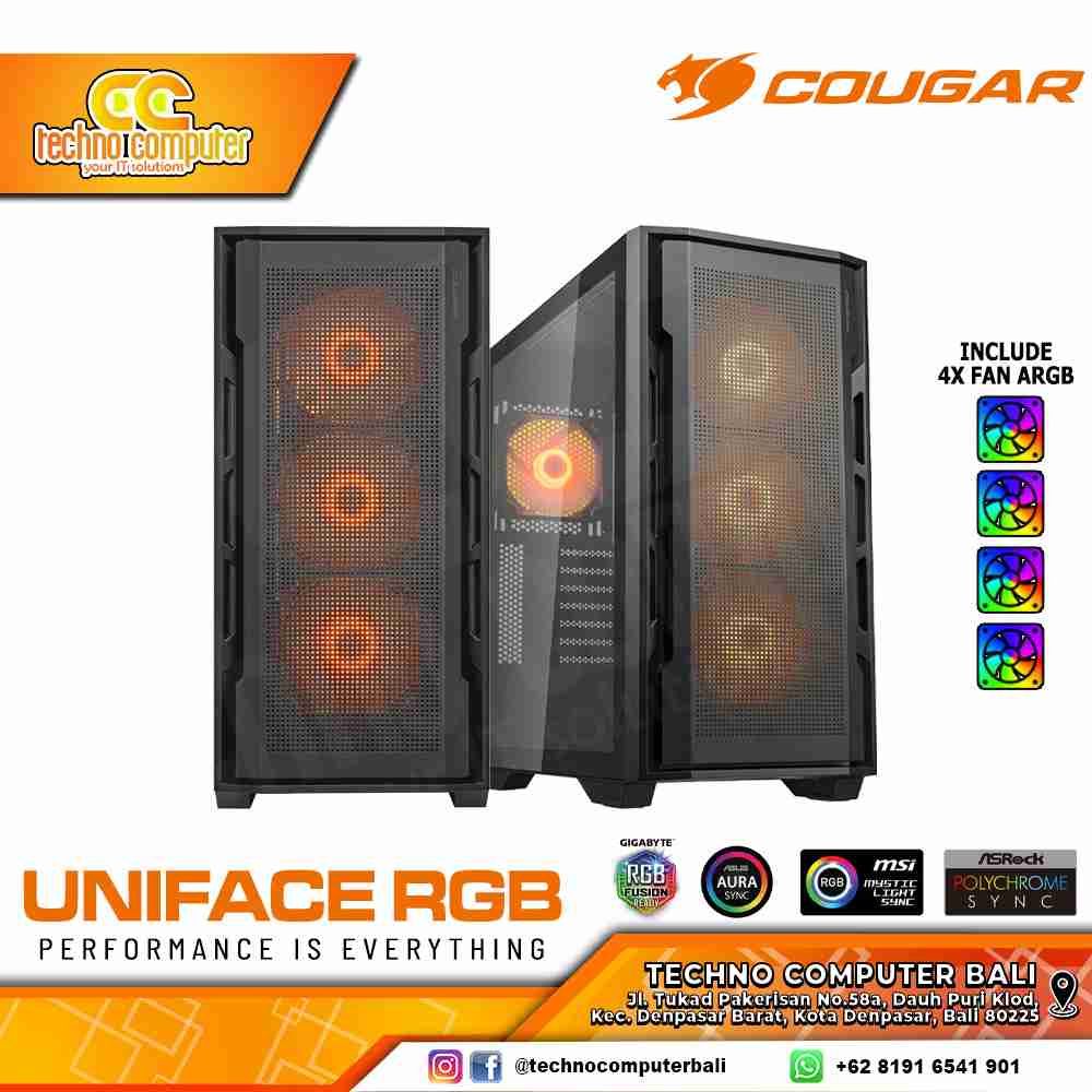 CASING COUGAR UNIFACE RGB Black - Mid Tower E-ATX Case Tempered Glass (Free 3x ARGB Fan)