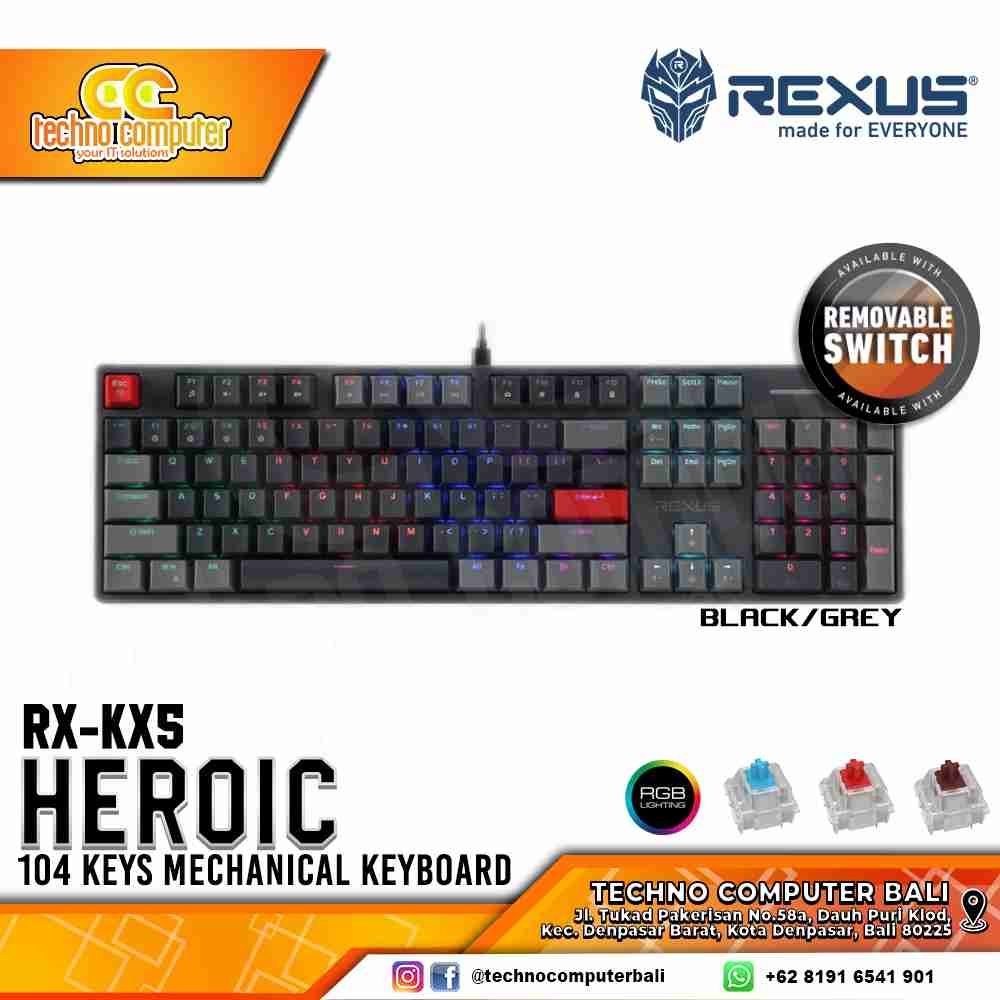 REXUS HEROIC KX5 Upgrade Black/Grey - Mechanical Red Switch - Gaming Keyboard