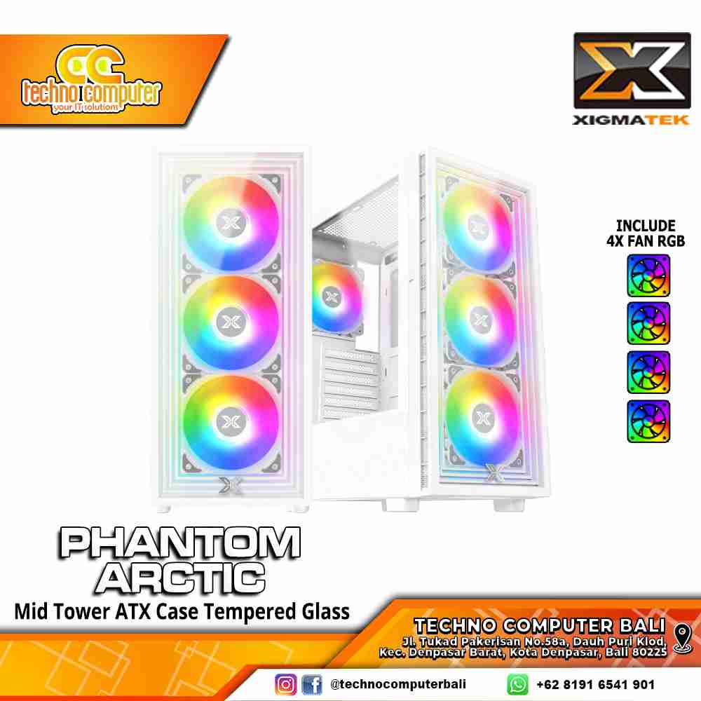 CASING XIGMATEK PHANTOM Arctic - Mid Tower ATX Case Tempered Glass (Free 4x RGB Fan)