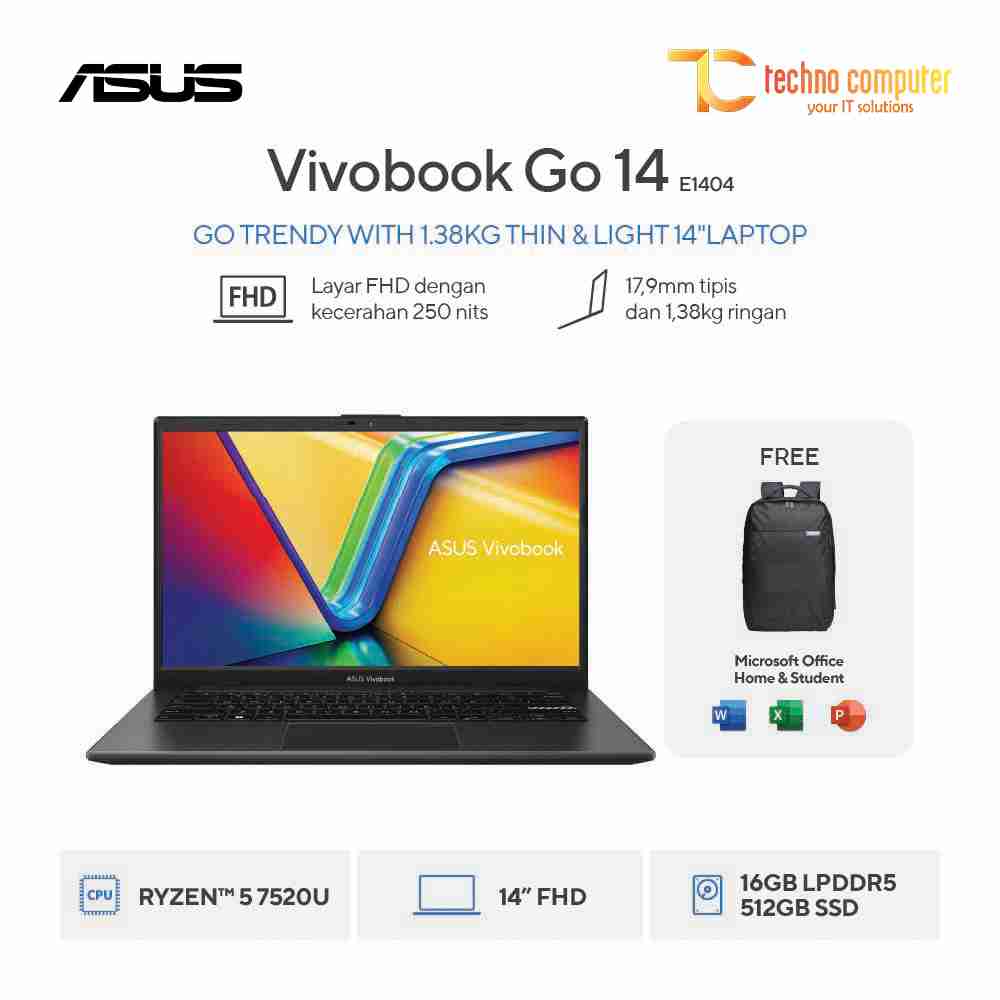 ASUS Vivobook Go 14 [E1404FA-FHD554] AMD Ryzen 5 7520U/RAM 8GB/SSD 512GB/Win11 Home