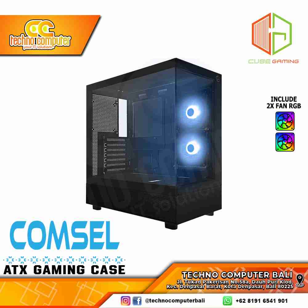 CASING CUBE GAMING COMSEL Black - Mid Tower ATX Case Tempered Glass (Free 2x RGB Fan)