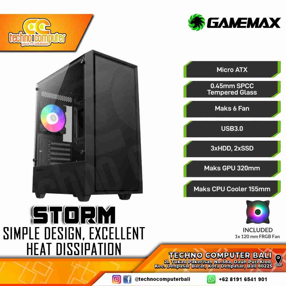CASING GAMEMAX STORM Black - Mid Tower mATX Case Tempered Glass (Free 1x RGB Fan)