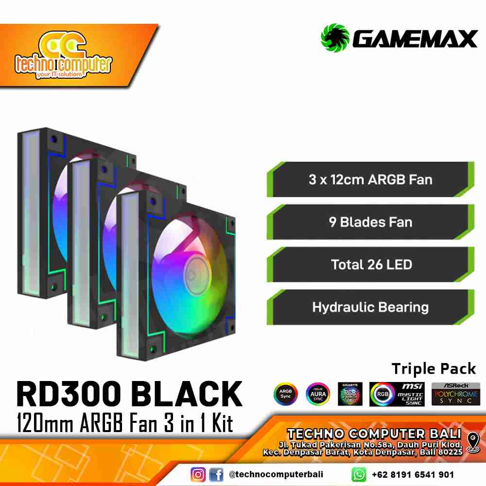 FAN CASING GAMEMAX RD300 BLACK - 120mm Triple Pack ARGB Fan