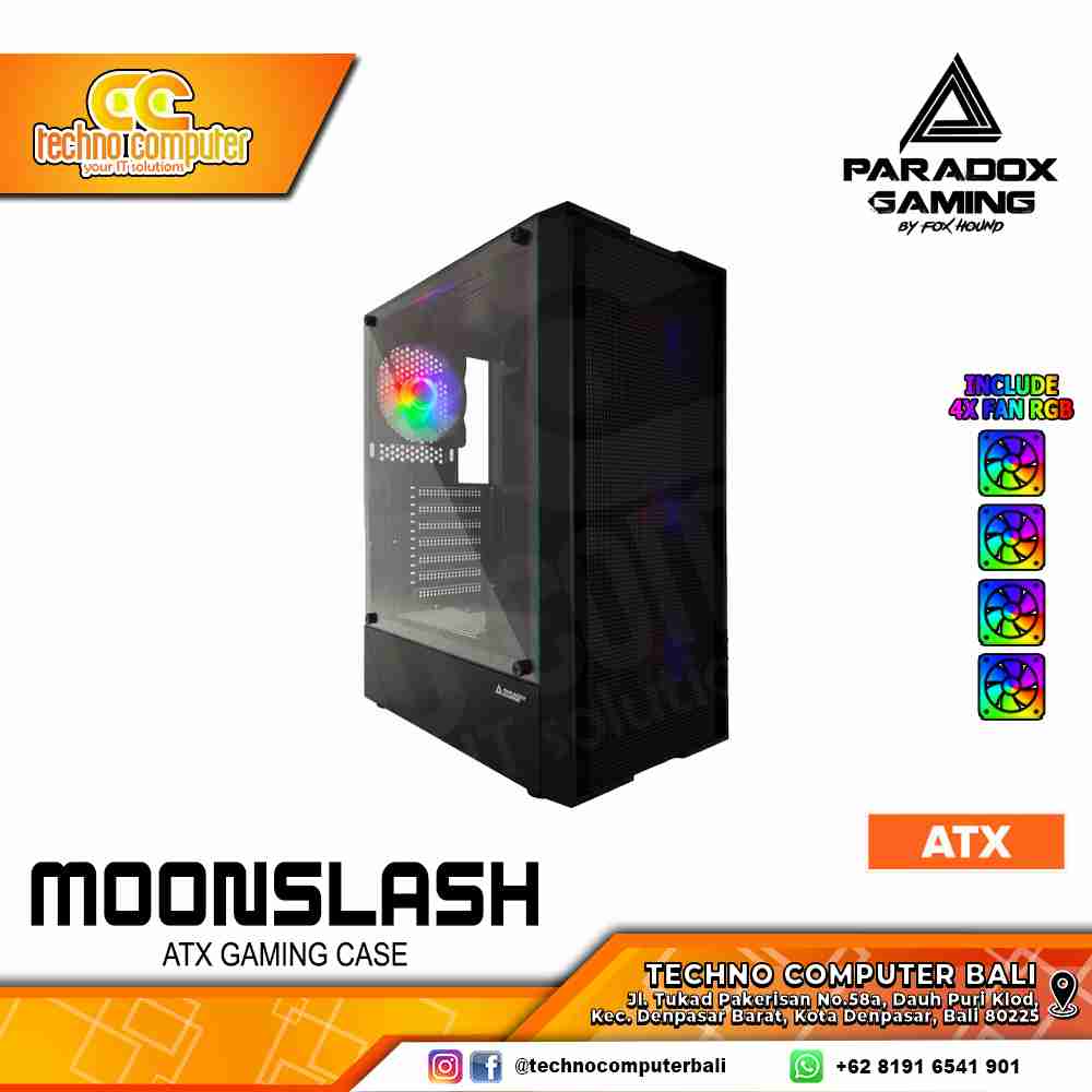 CASING PARADOX GAMING MOONSLASH Black - Mid Tower ATX Case Tempered Glass (Free 4x Fix RGB Fan)