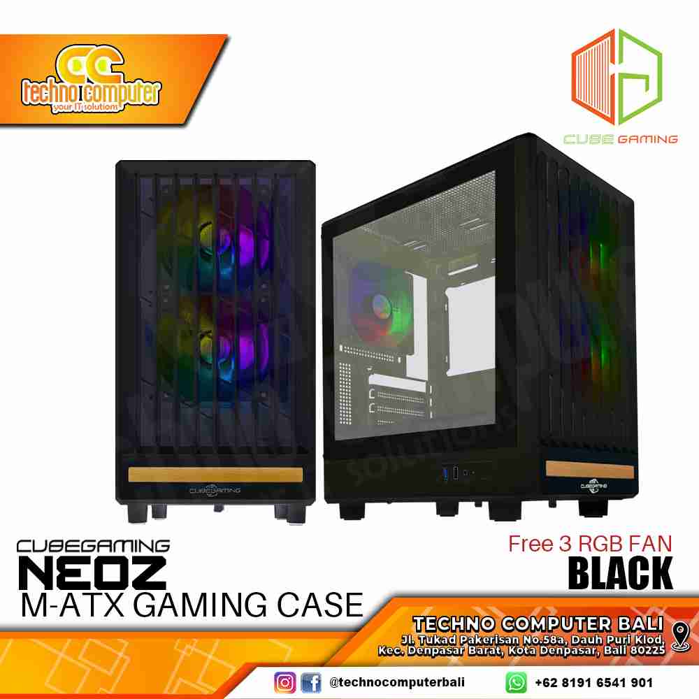 CASING CUBE GAMING NEOZ Black - Mid Tower mATX Case Tempered Glass (Free 3x RGB Fan)
