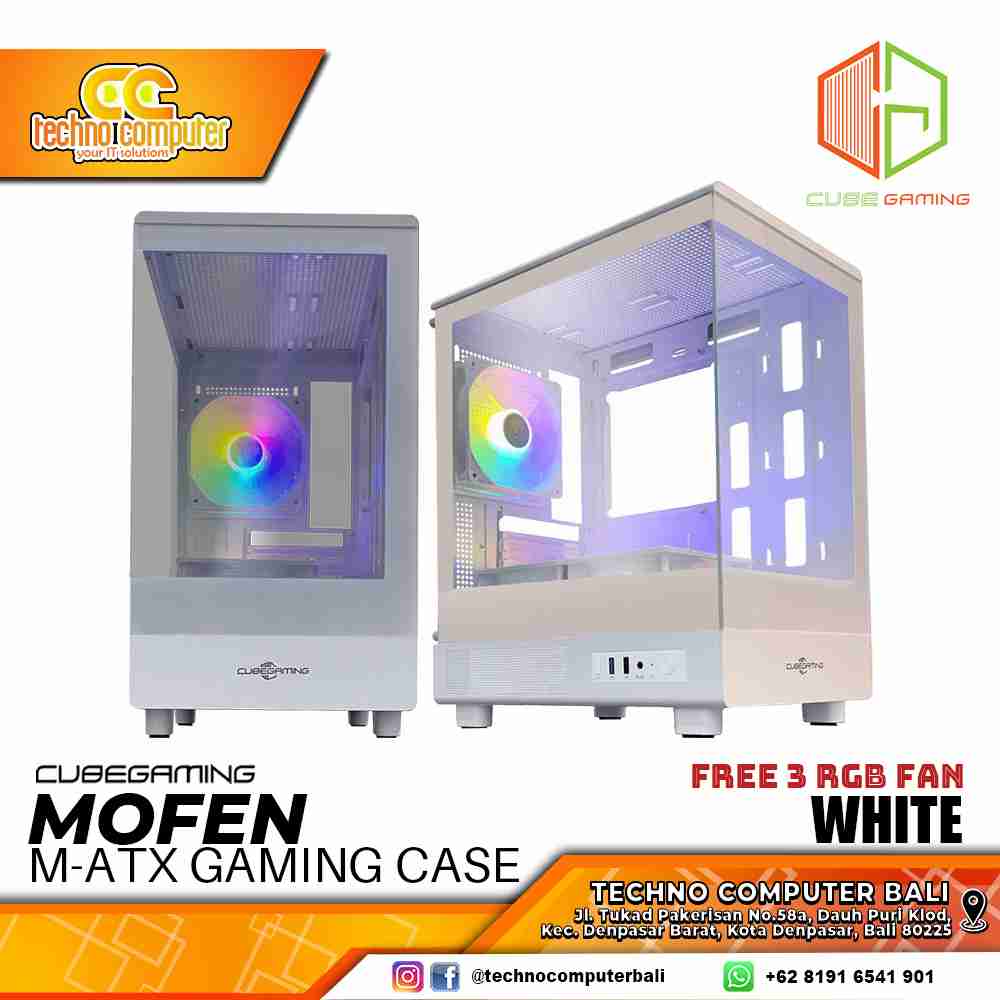 CASING CUBE GAMING MOFEN White - Mid Tower mATX Case Tempered Glass (Free 3x RGB Fan)