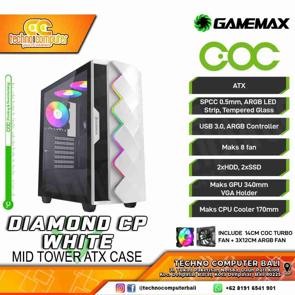 CASING GAMEMAX DIAMOND CP White - Mid Tower ATX Case Tempered Glass (Free 3x ARGB Fan)