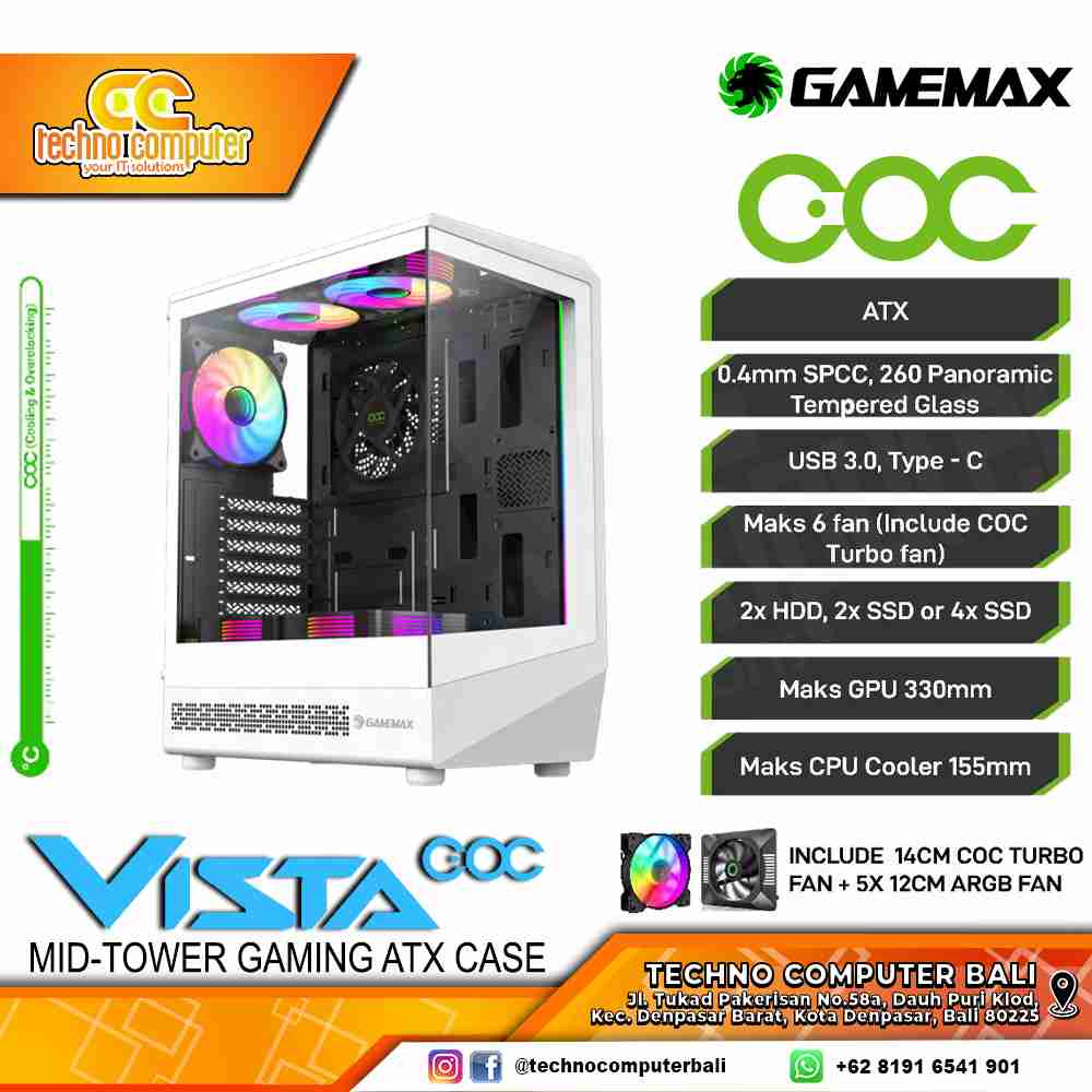 CASING GAMEMAX VISTA COC ATX White - Mid Tower ATX Case Tempered Glass (Free 5x ARGB Fan)