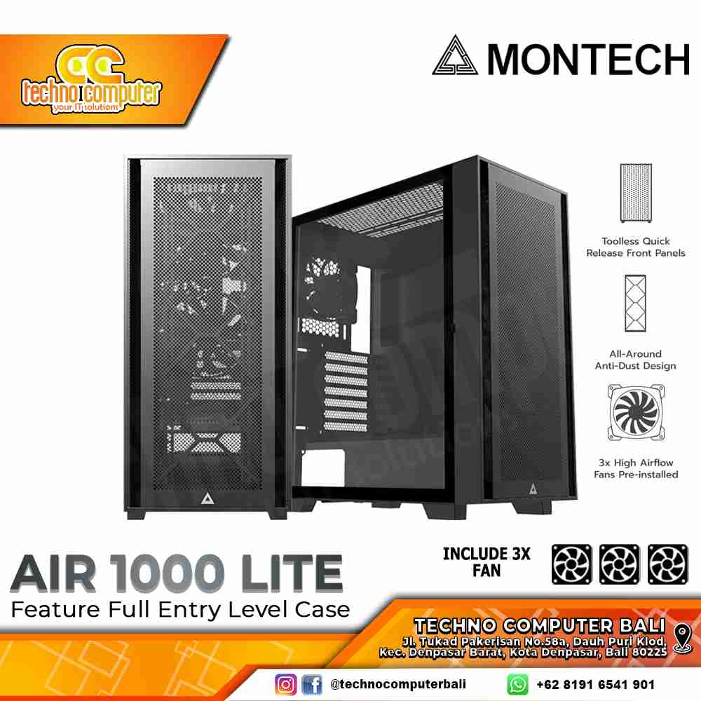 CASING MONTECH AIR 1000 LITE Black - Mid Tower ATX Case Tempered Glass (Free 3x Fan)