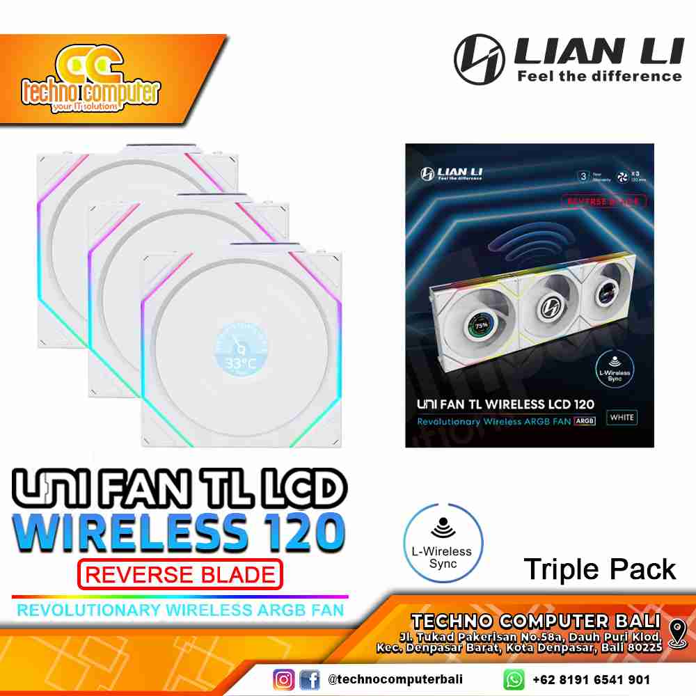 FAN CASING LIAN LI UNI FAN TL LCD 120 REVERSE BLADE Wireless White - 120mm Triple Pack ARGB Fan