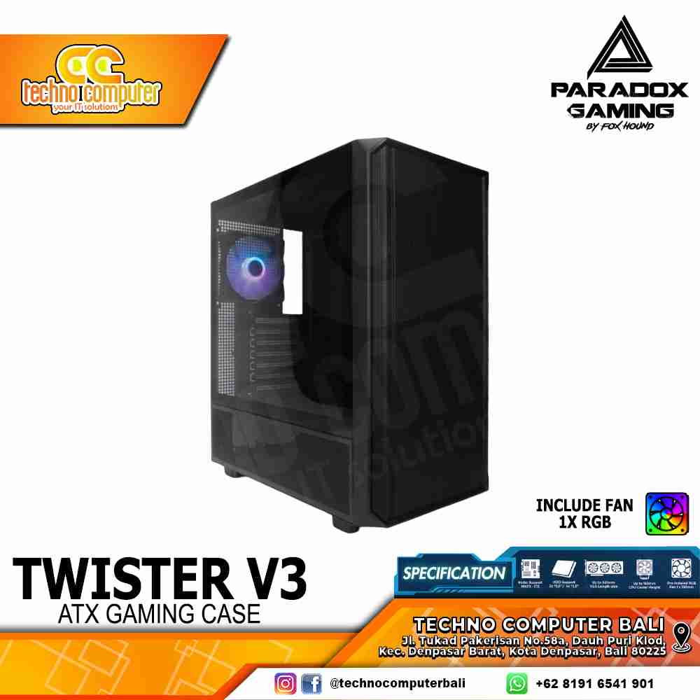 CASING PARADOX GAMING TWISTER V3 Black - Mid Tower ATX Case Tempered Glass (Free 1x RGB Fan)