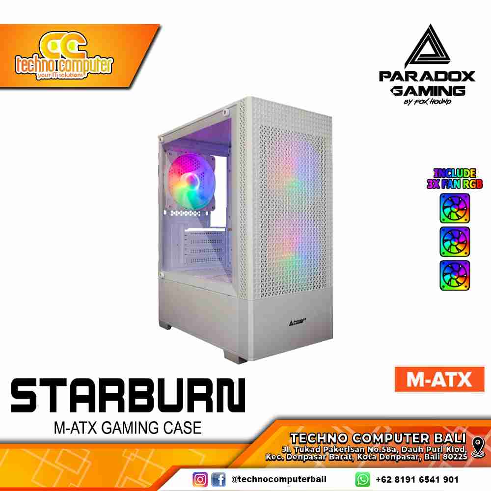 CASING PARADOX GAMING STARBURN White - Mid Tower mATX Case Tempered Glass (Free 3x RGB Fan)