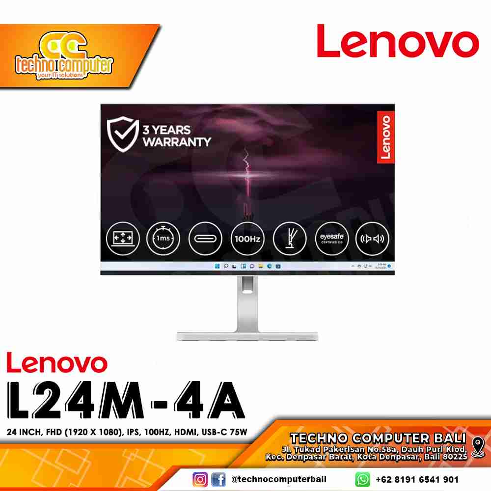 LENOVO L24m-4A LED Monitor - 24 inch, FHD (1920 x 1080), IPS, 100Hz, HDMI, USB-C 75w