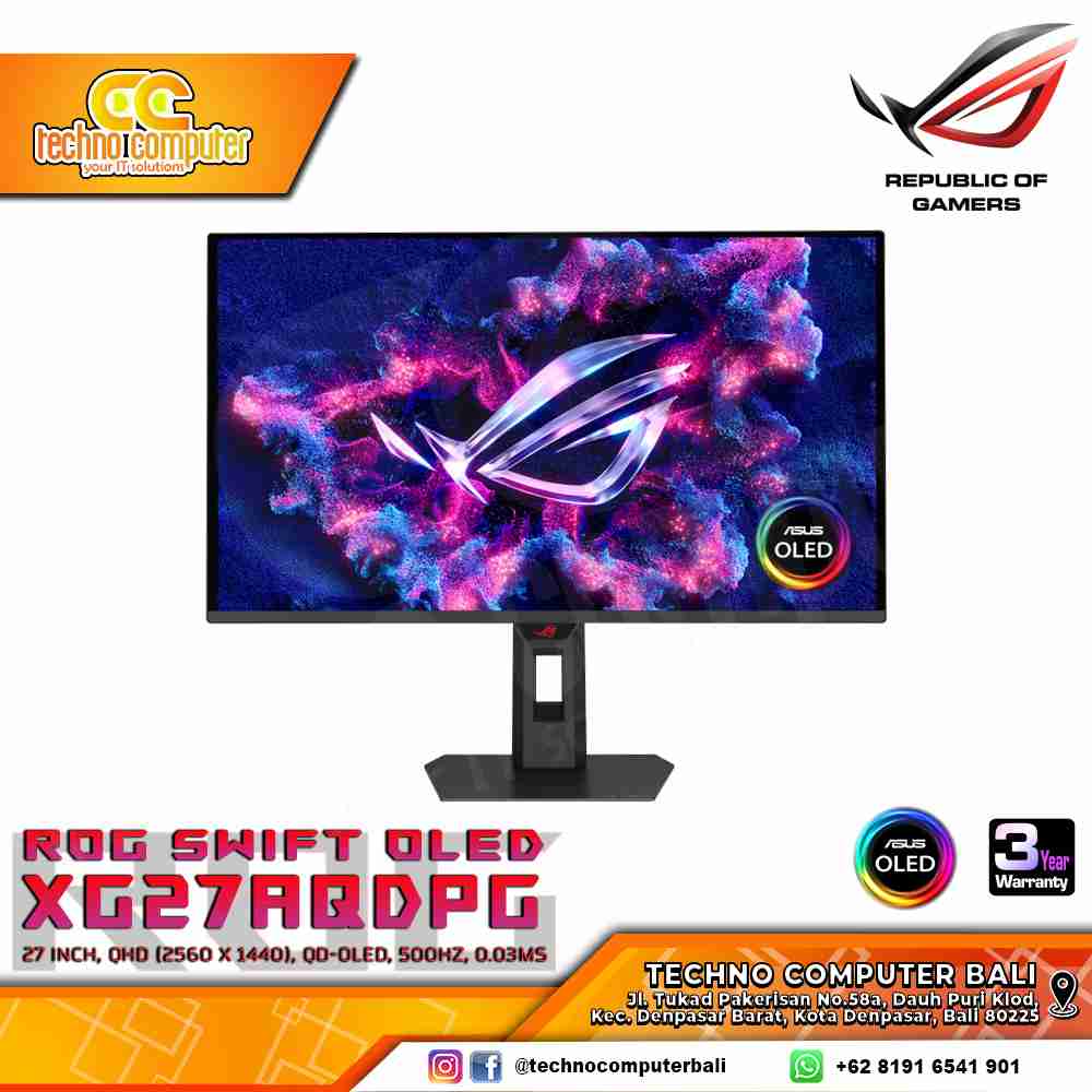 ASUS ROG STRIX OLED XG27AQDPG Gaming Monitor - 27 inch, QHD (2560 x 1440), QD-OLED, 500Hz, 0.03ms