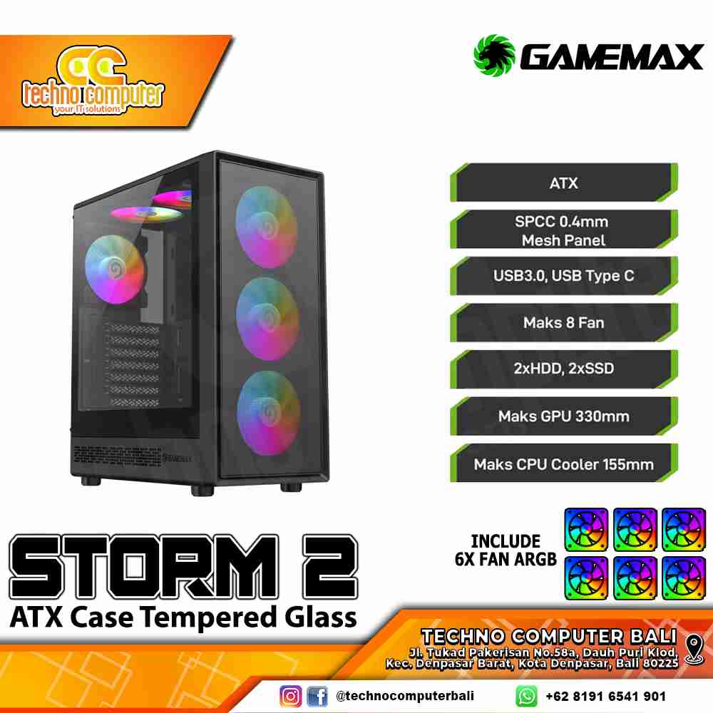 CASING GAMEMAX STORM 2 Black - Mid Tower ATX Case Tempered Glass (Free 6x ARGB Fan)