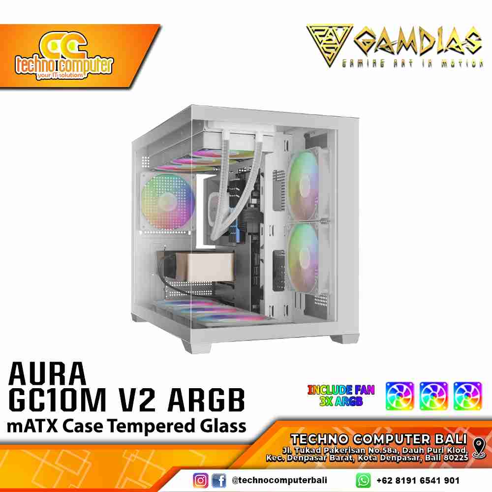 CASING GAMDIAS AURA GC10M V2 ARGB White - Mid Tower mATX Case Tempered Glass (Free 3x ARGB Fan)