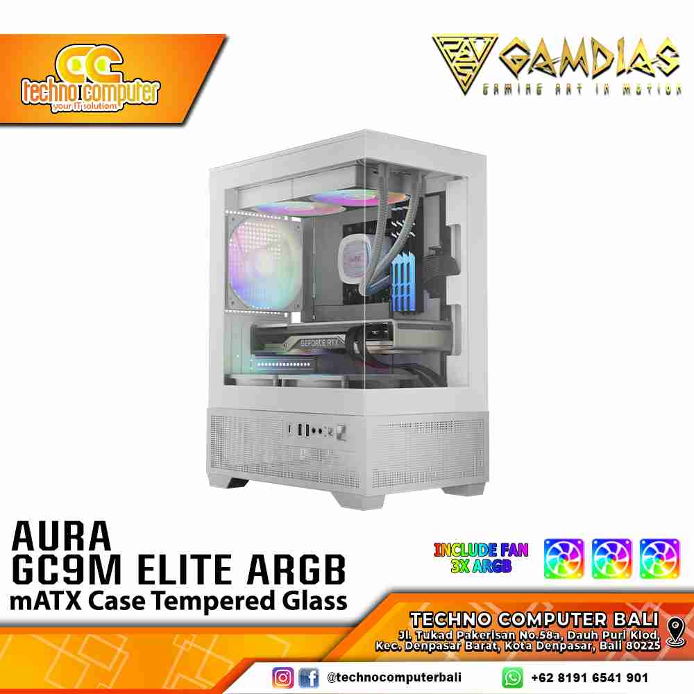 CASING GAMDIAS AURA GC9M ELITE ARGB White - Mid Tower mATX Case Tempered Glass (Free 3x ARGB Fan)