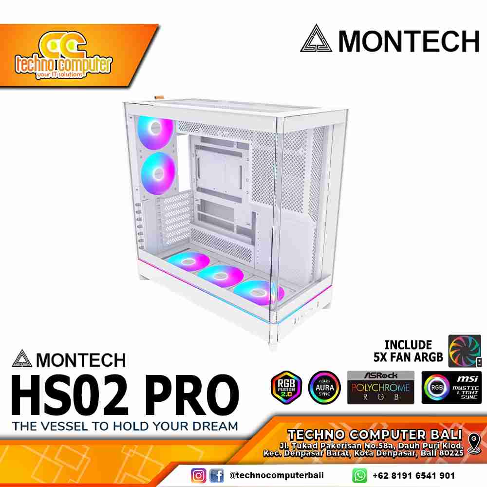 CASING MONTECH HS02 PRO Glass White - Mid Tower ATX Case Tempered Glass (Free 5x ARGB Fan)