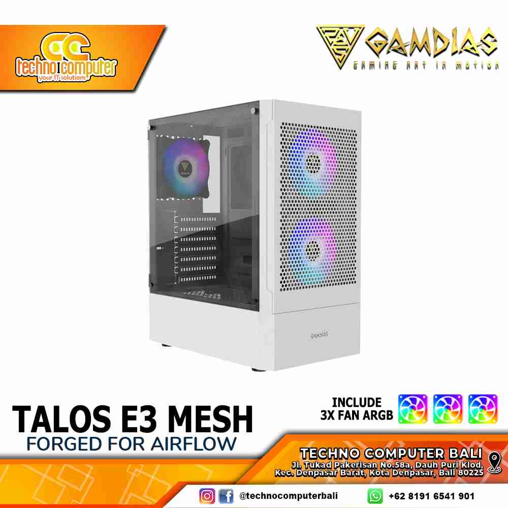 CASING GAMDIAS TALOS E3 Mesh White - Mid Tower ATX Case Tempered Glass (Free 3x ARGB Fan)