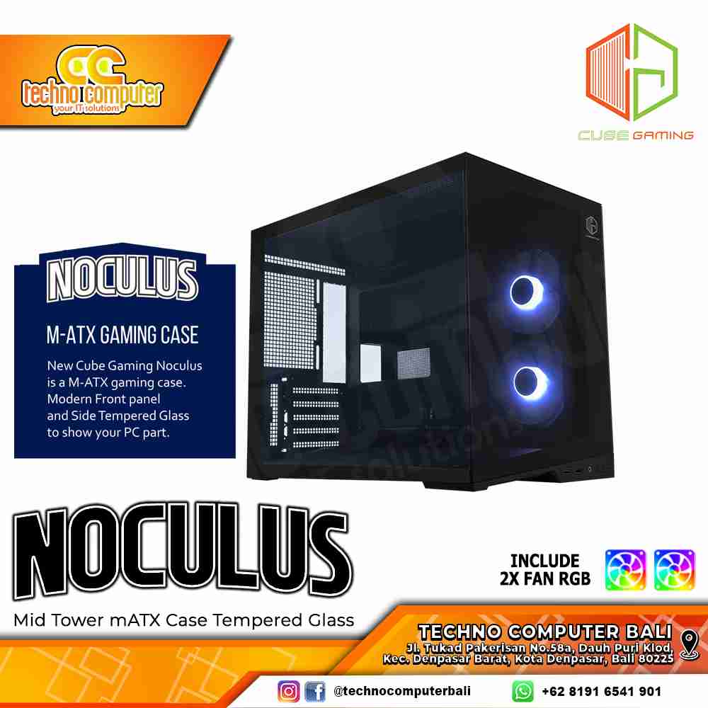 CASING CUBE GAMING NOCULUS Black - Mid Tower mATX Case Tempered Glass (Free 2x RGB Fan)